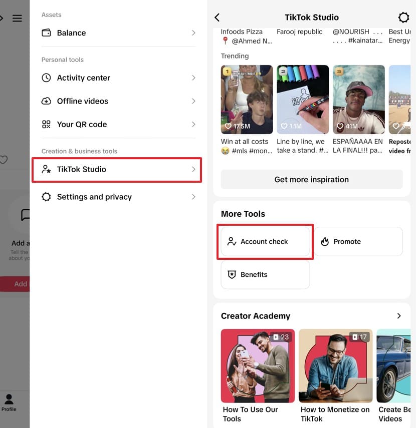 TikTok Studio account check for restrictions