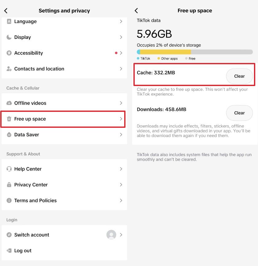 Clearing TikTok cache from Free up space