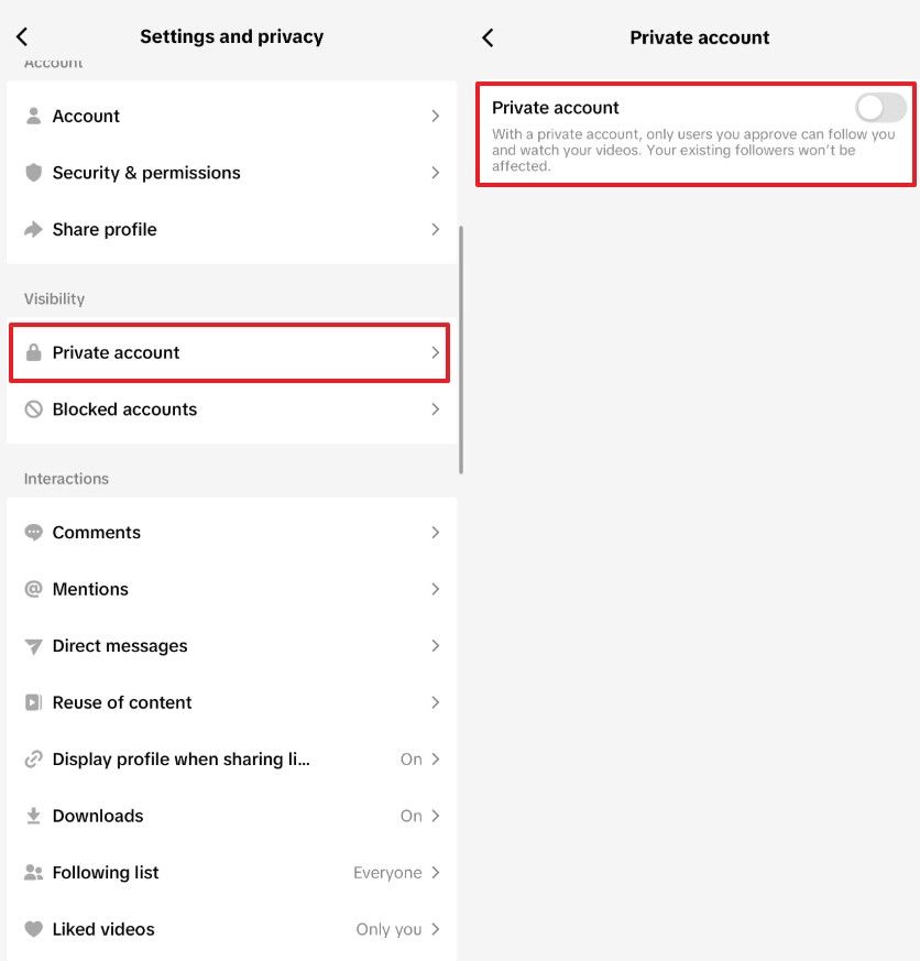 TikTok private account setting