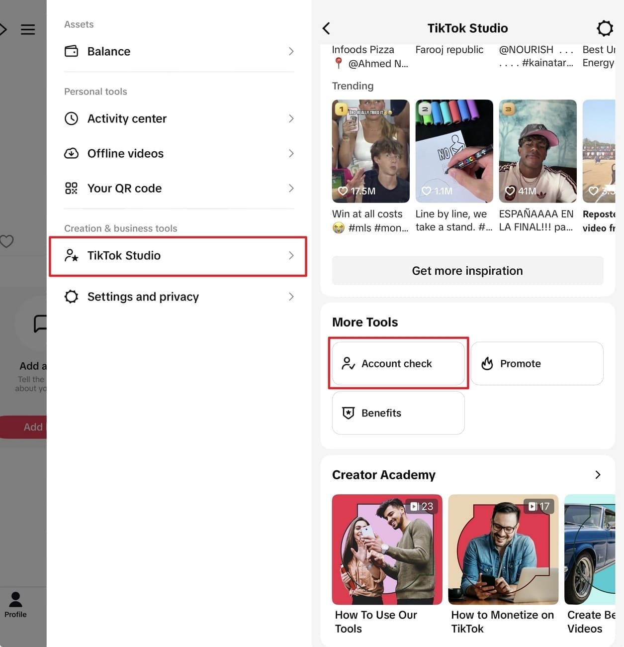 TikTok Studio account check for repost visibility issues
