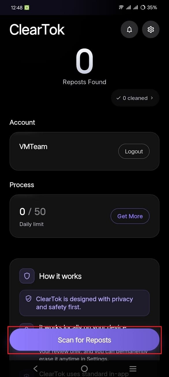 ClearTok Repost Checker scan screen