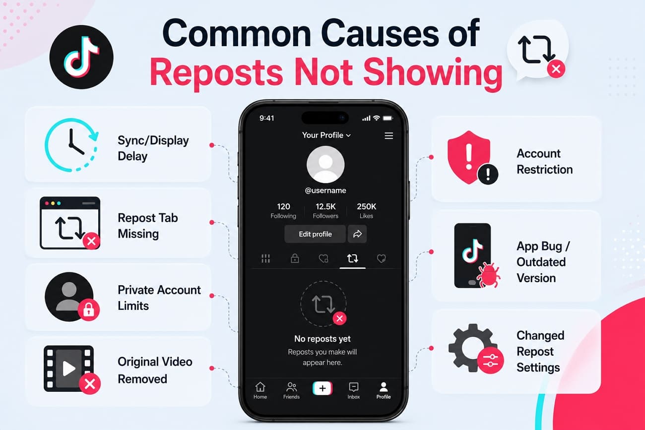 Common causes of TikTok reposts not showing