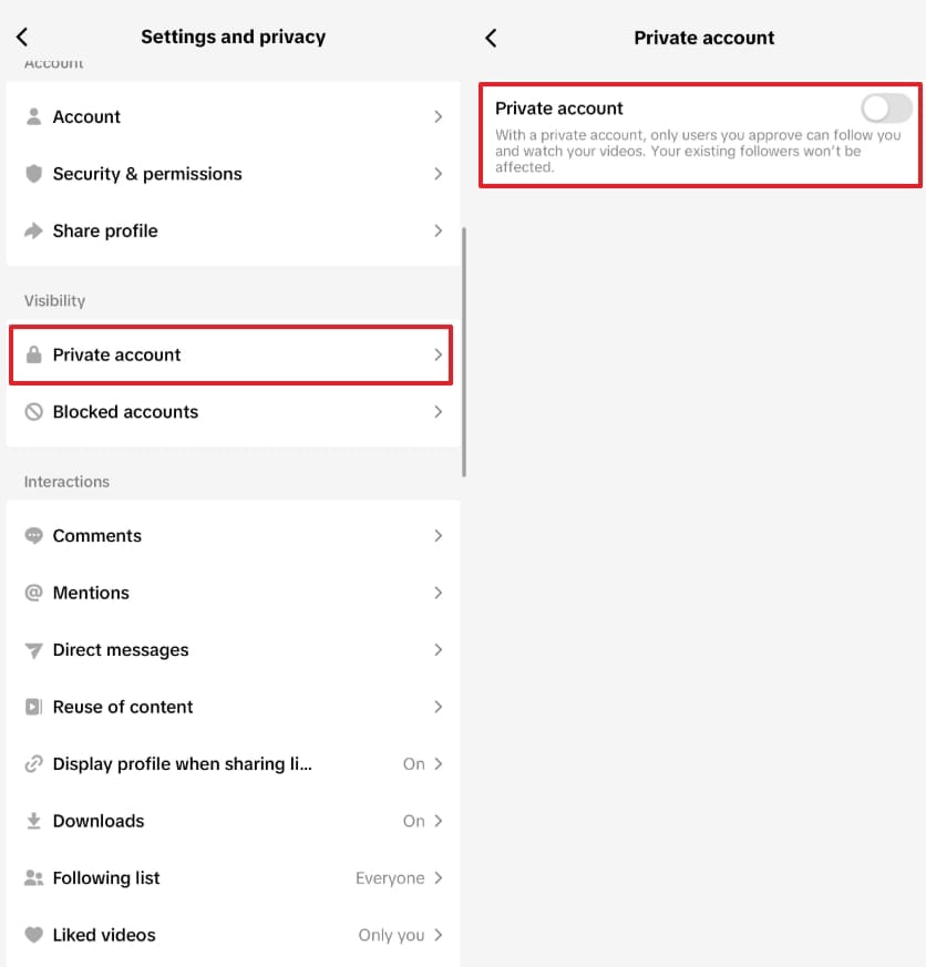 Checking TikTok private account settings