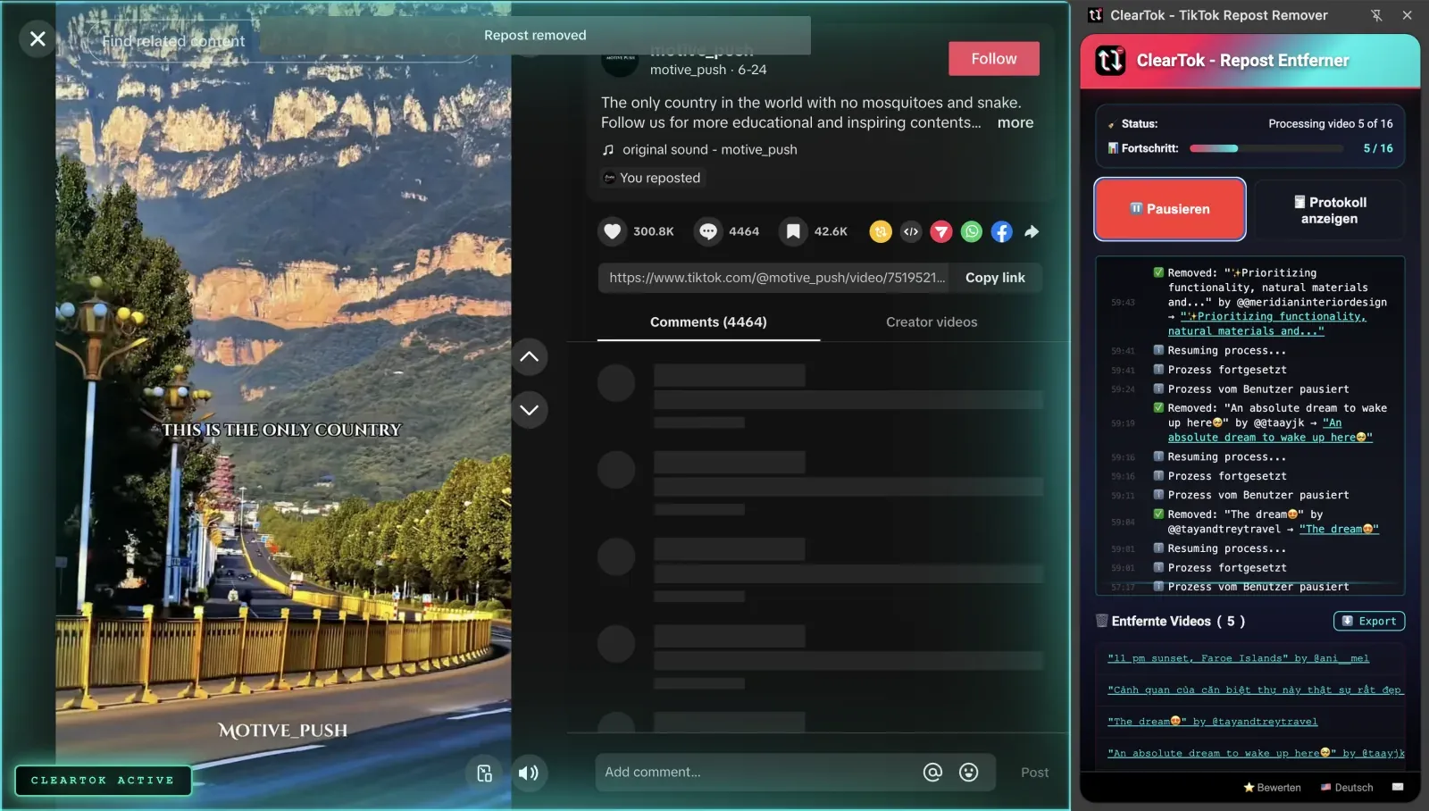 Screenshot of the ClearTok browser extension showing automatic removal of all reposted TikTok videos from a profile.