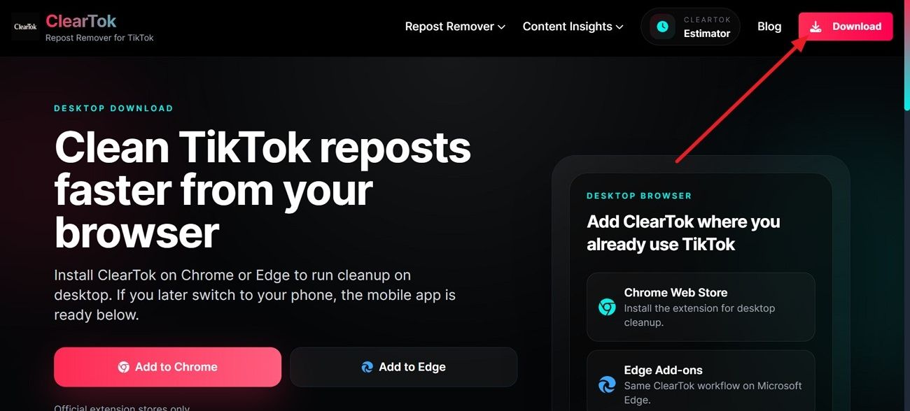 ClearTok website with the Download button highlighted