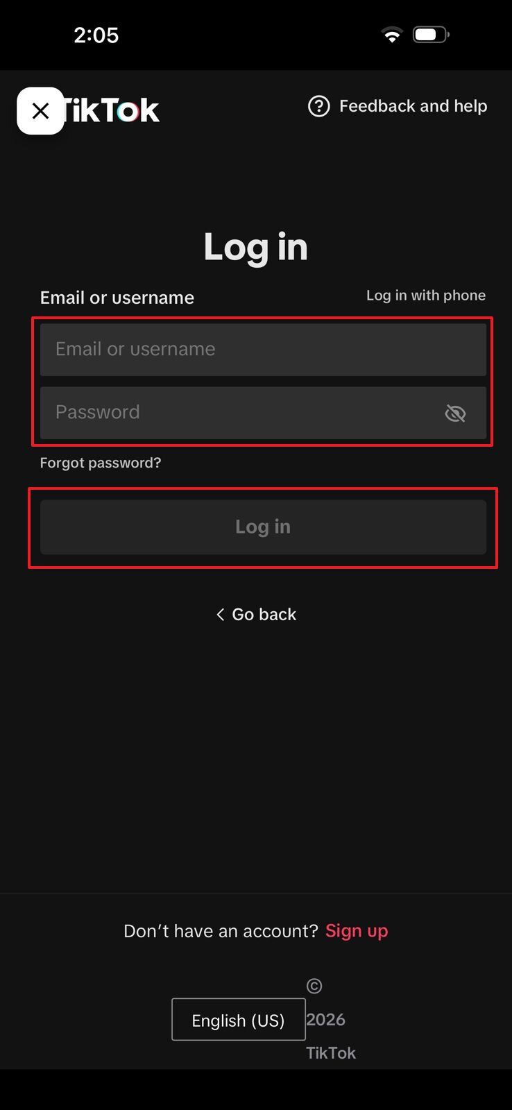 TikTok login page displayed during the ClearTok Account Connect flow