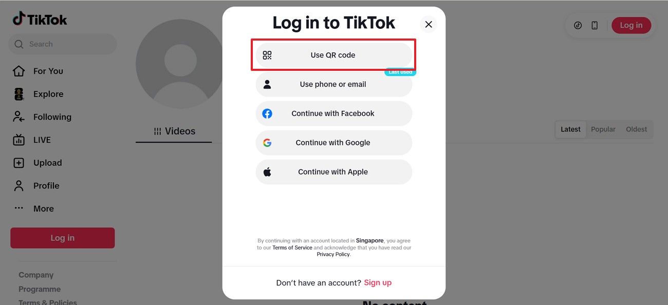 ClearTok QR login help screen for connecting TikTok