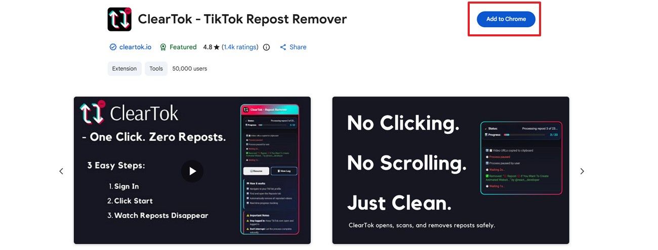 ClearTok browser extension listing with the install button highlighted (Chrome example)
