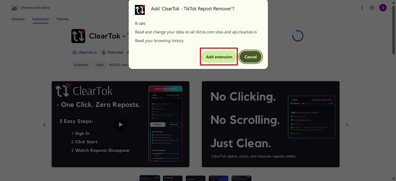 Browser permission window for adding the ClearTok extension