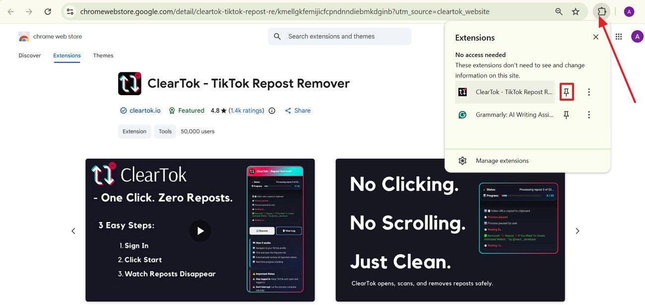 Browser Extensions menu with the ClearTok toolbar control highlighted (Chrome example)