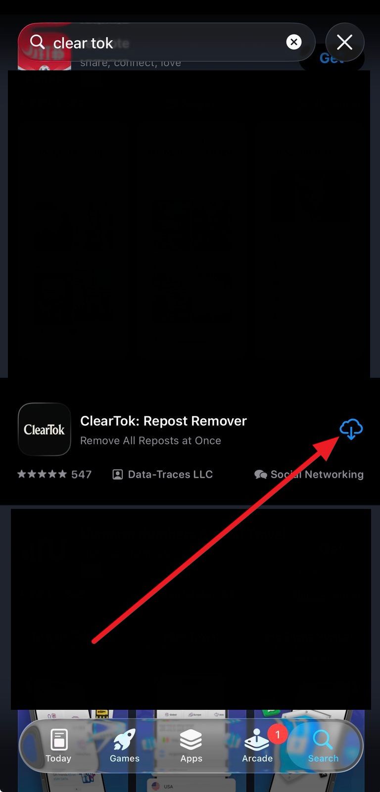 ClearTok in the Apple App Store with the download button highlighted (iPhone example)