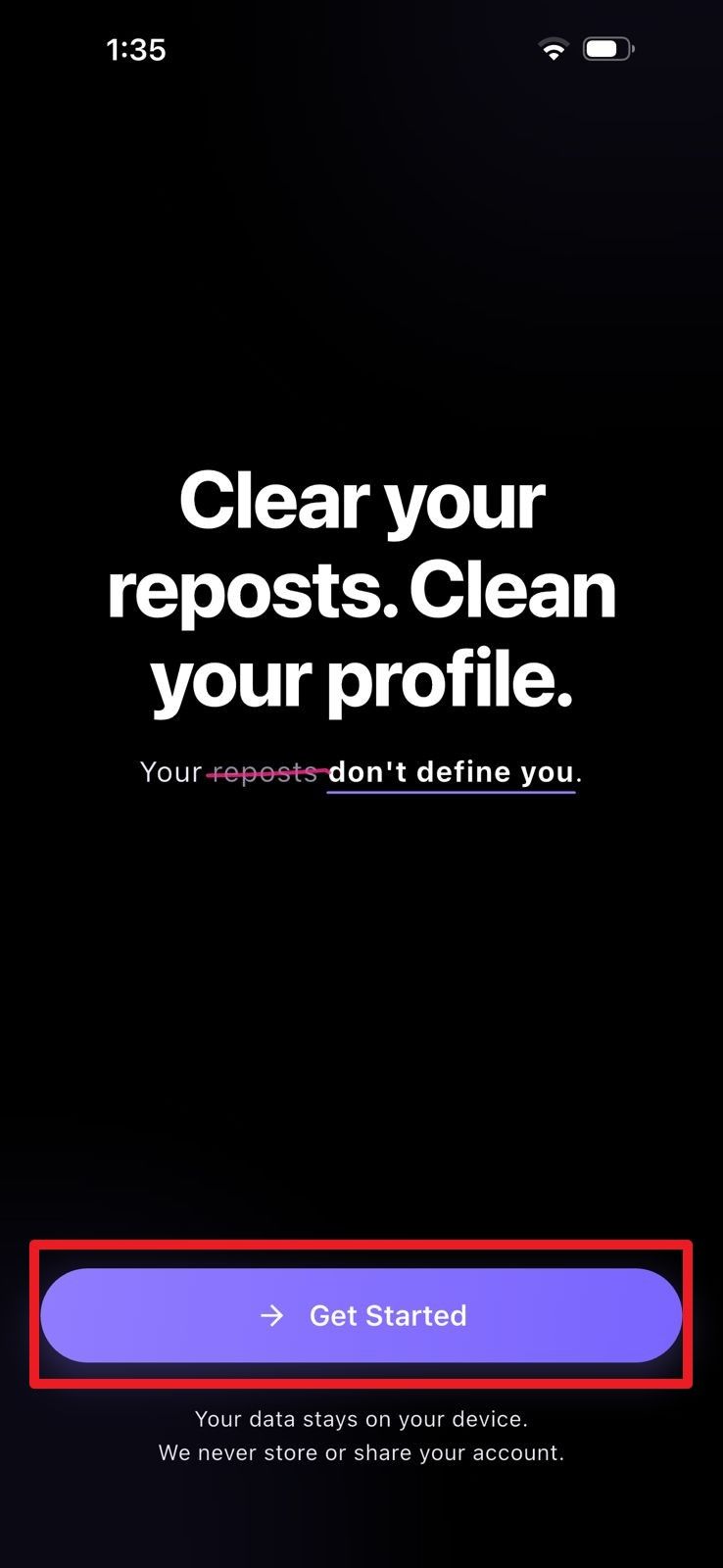 ClearTok welcome screen with the Get Started button highlighted