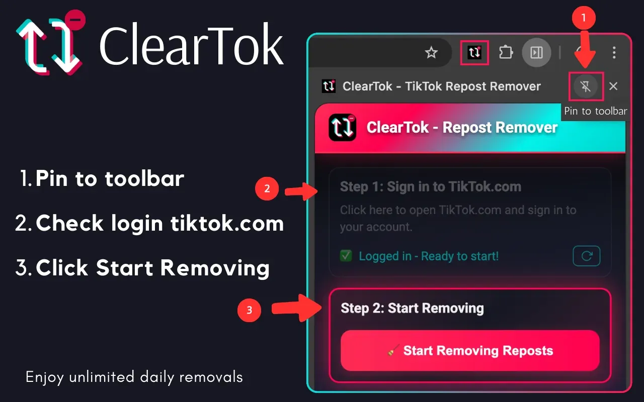 Screenshot of a step-by-step guide for using ClearTok to remove TikTok reposts.