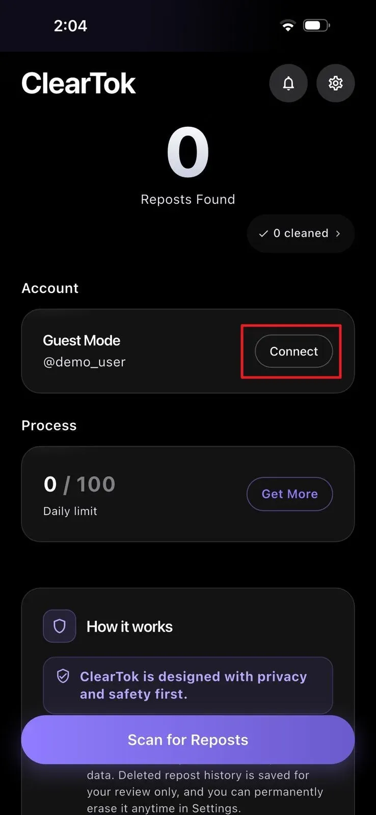 ClearTok iPhone app account screen with the Connect button