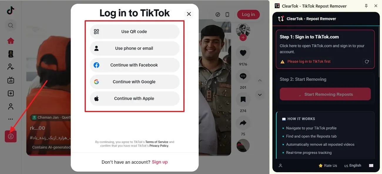 TikTok desktop login window with QR code and social sign-in options