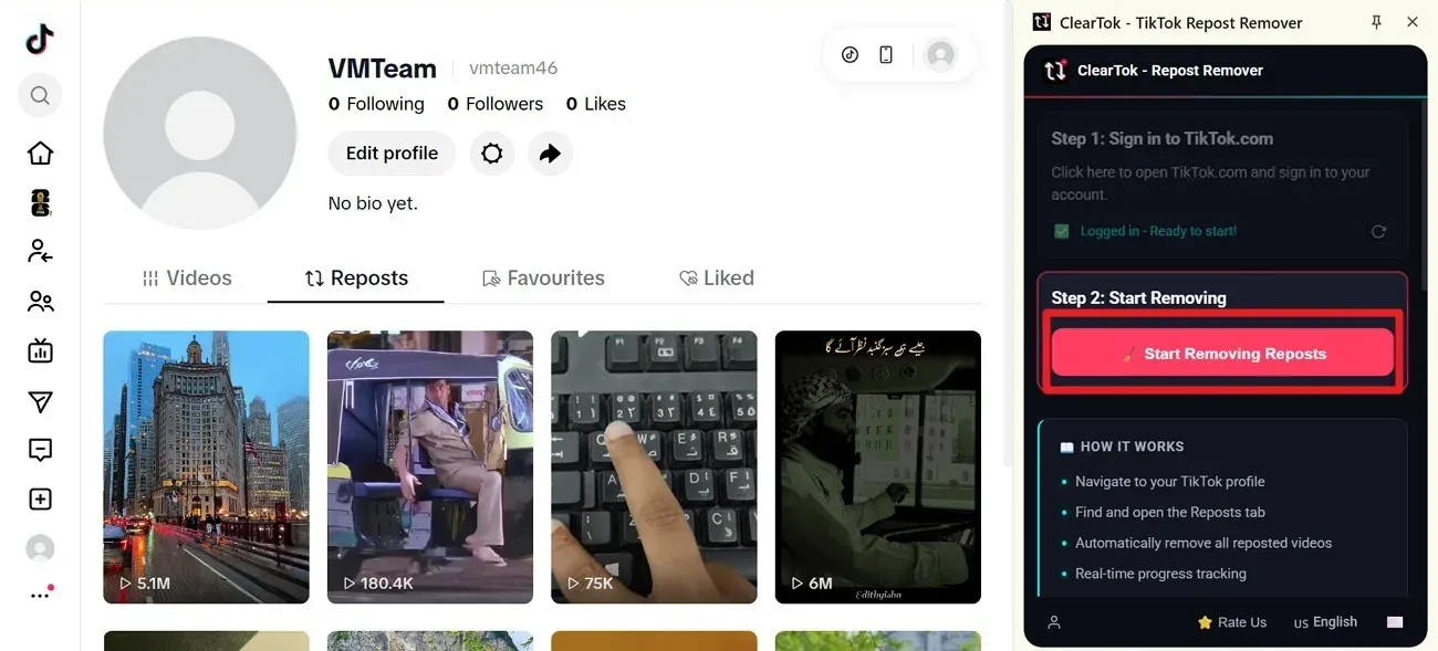 TikTok profile Reposts tab with the ClearTok panel ready to start
