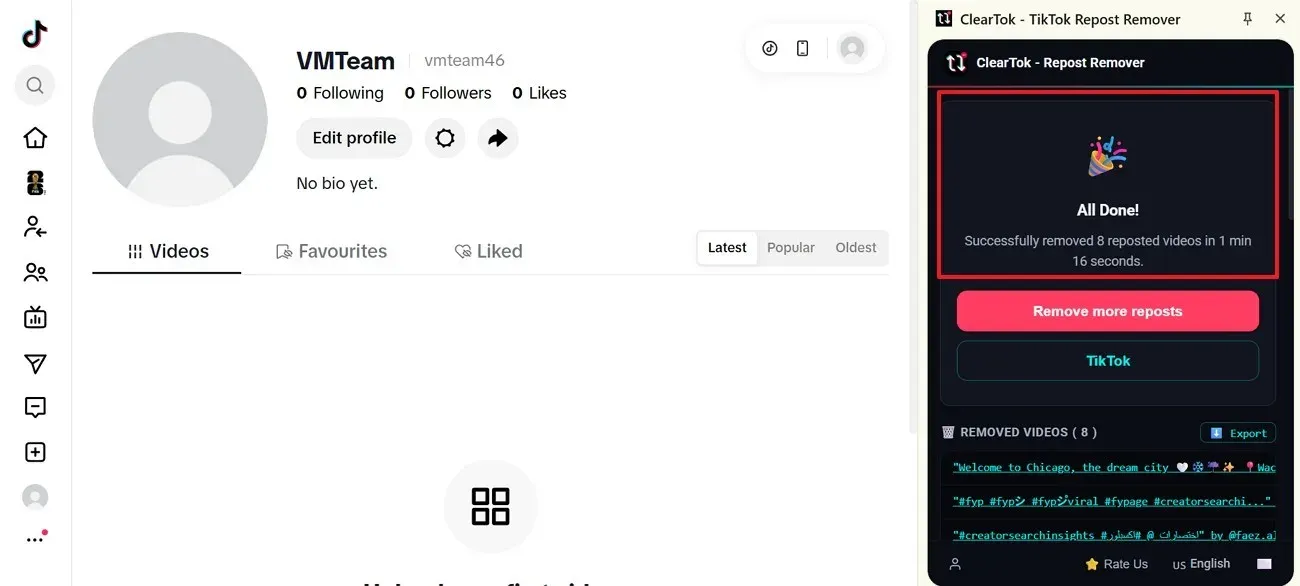 ClearTok Chrome extension All Done screen with removed repost count