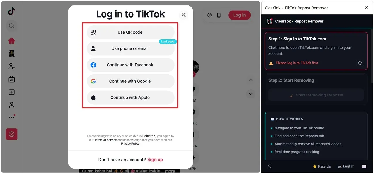TikTok sign-in options shown in Microsoft Edge