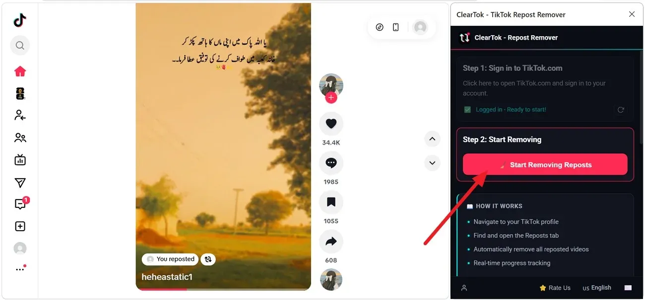 ClearTok Edge extension panel with the Start Removing Reposts button