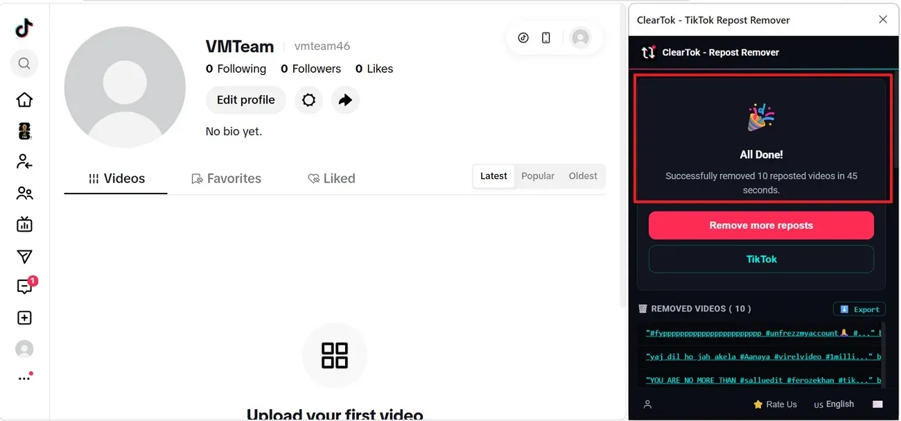 ClearTok Edge extension final result screen after repost cleanup