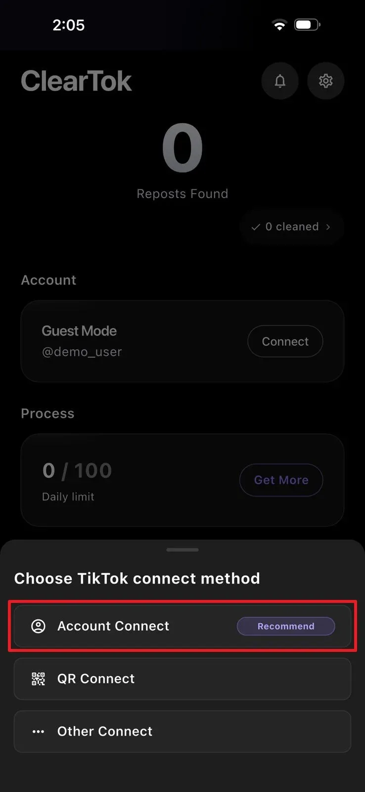 ClearTok iPhone connection panel with Account Connect selected