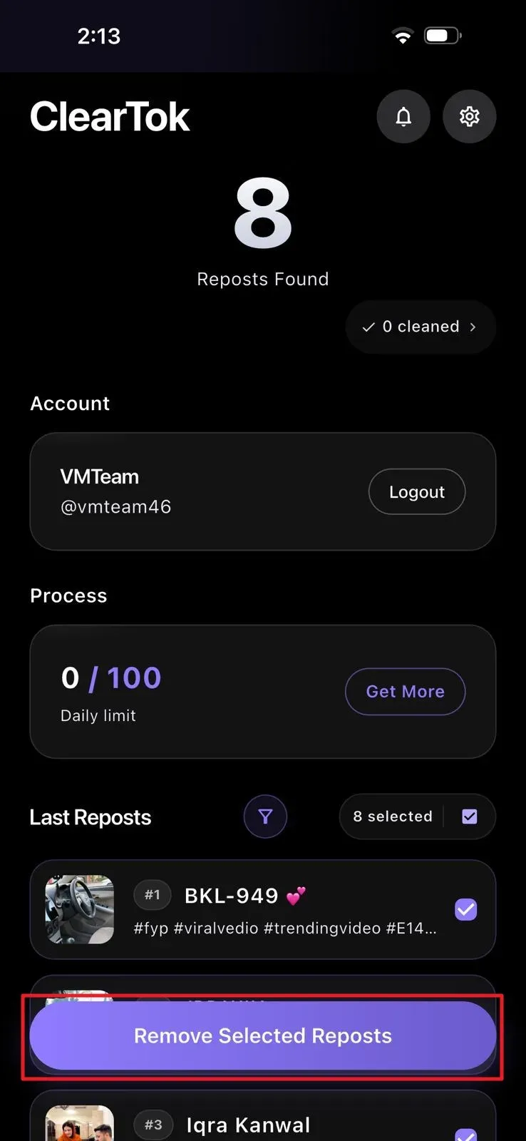 ClearTok iPhone repost list with selected videos ready for removal