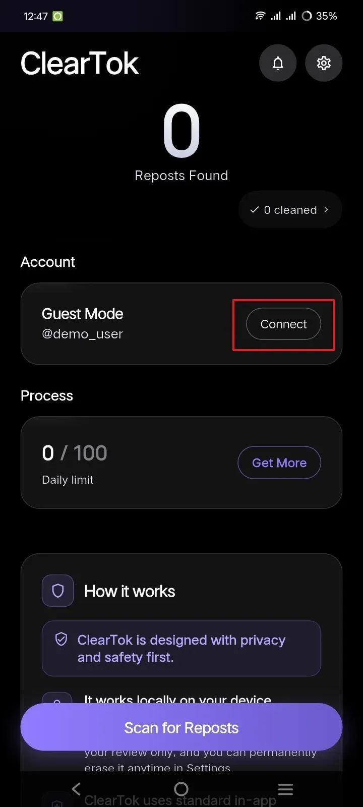 ClearTok Android app account panel with the Connect button
