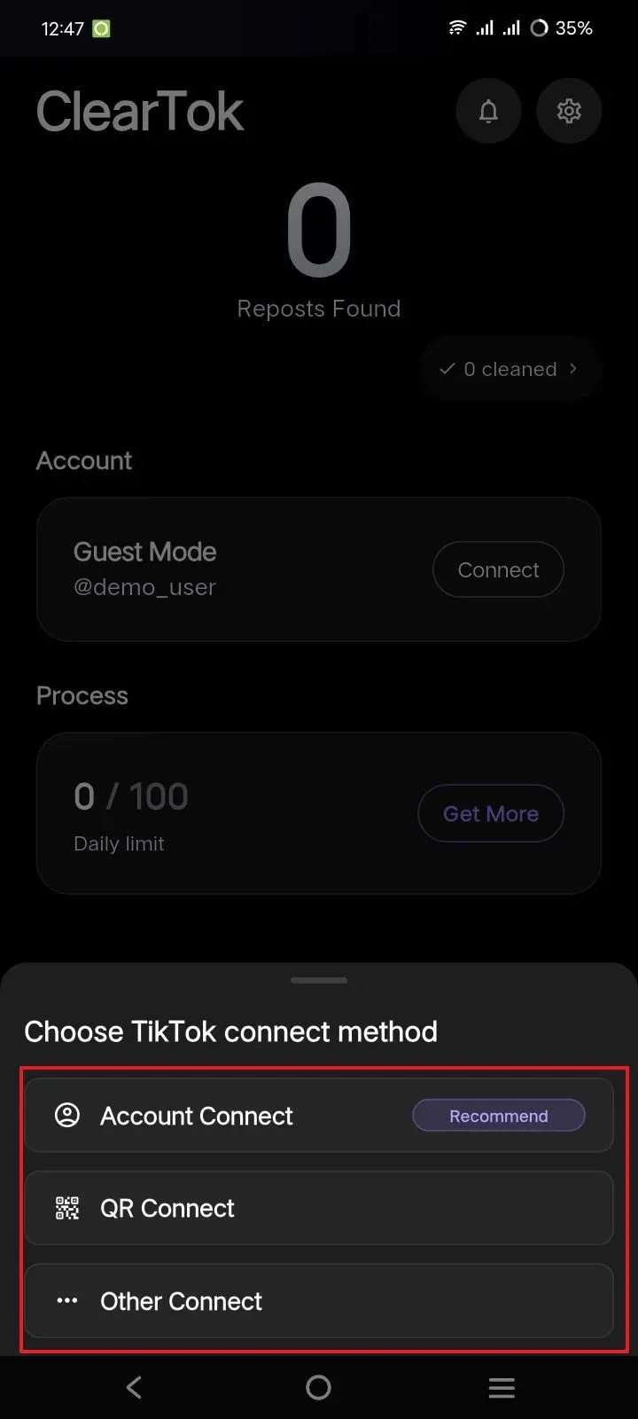 ClearTok Android bottom sheet with TikTok connection methods