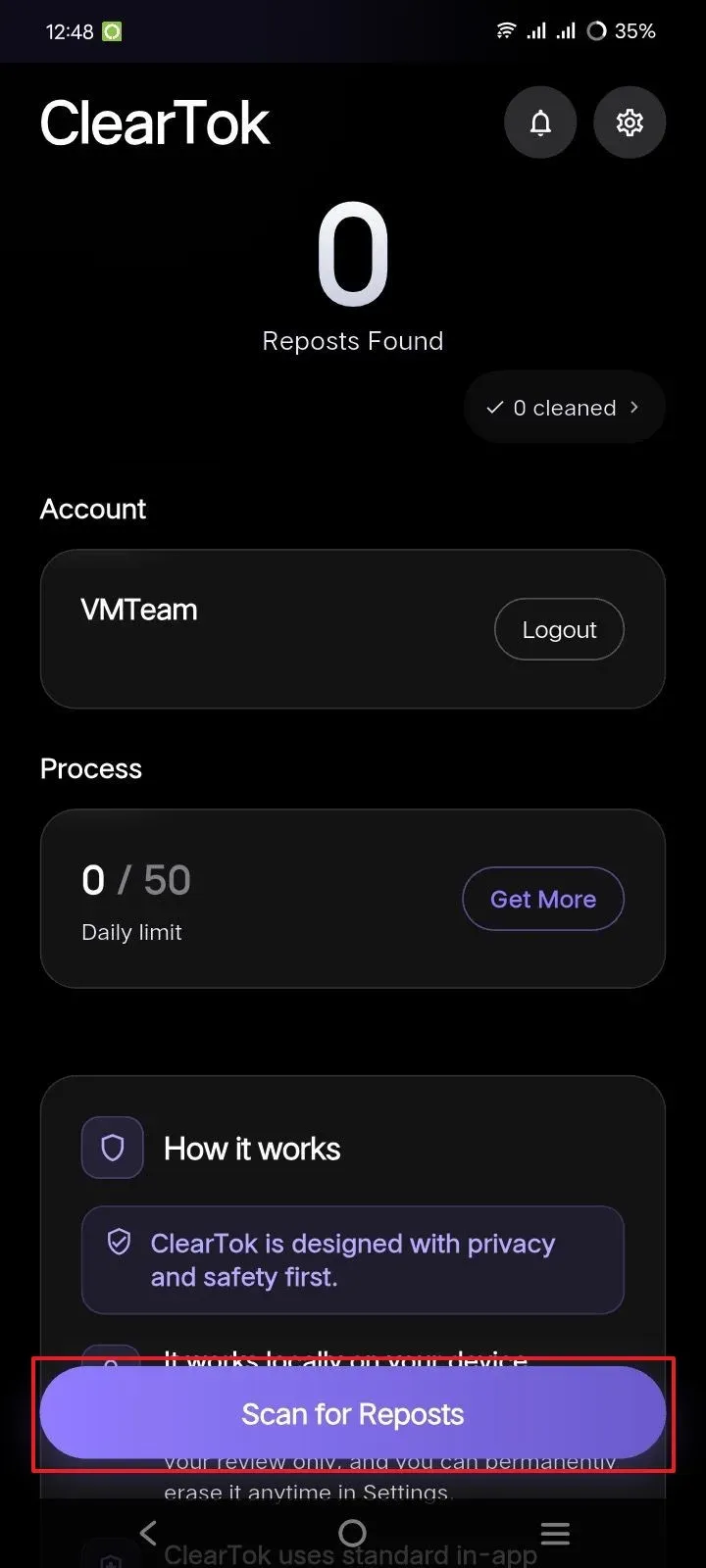 ClearTok Android home screen with the Scan for Reposts button