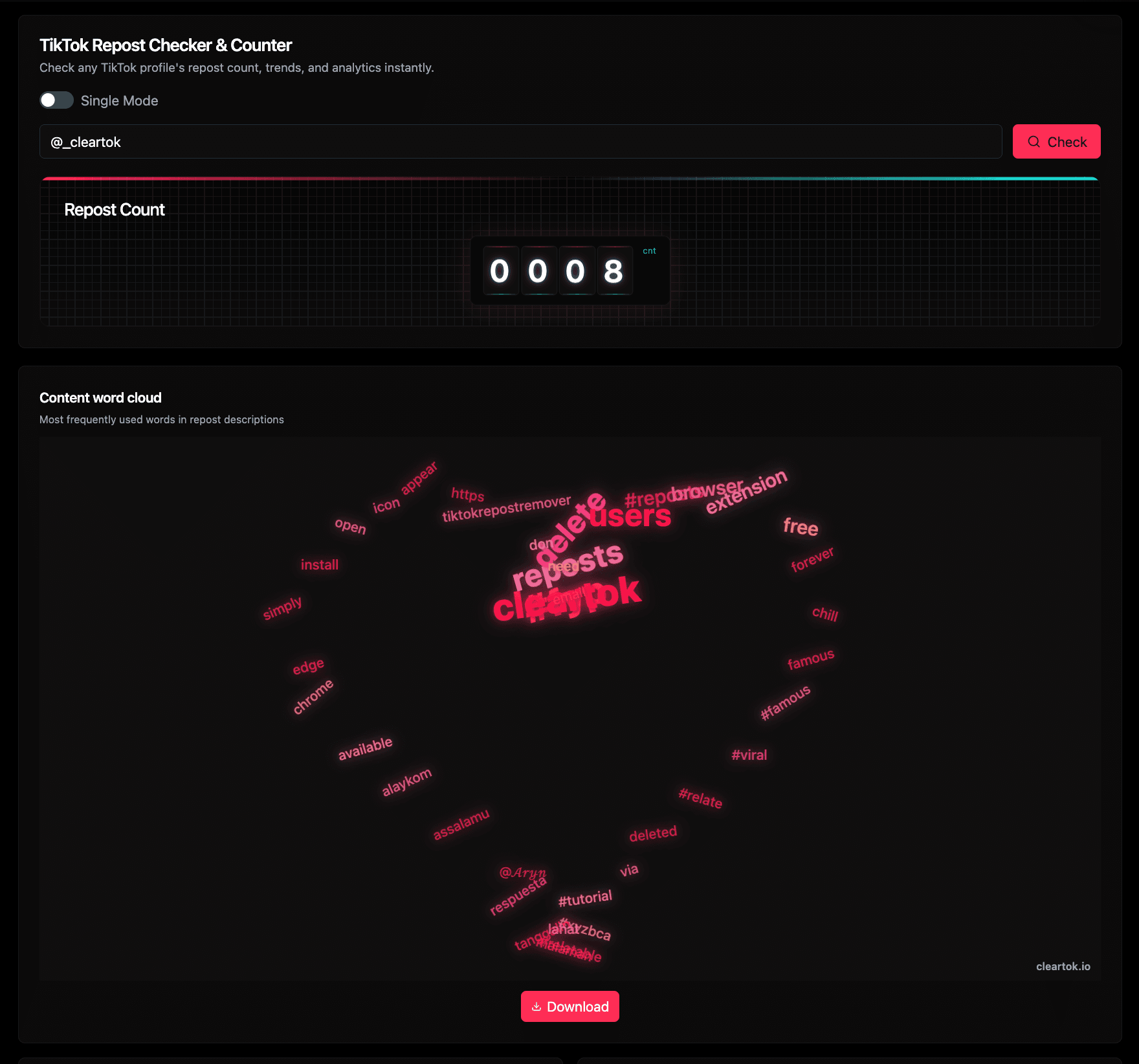 ClearTok repost checker showing the username input, repost count counter, and content word cloud for a sample profile.