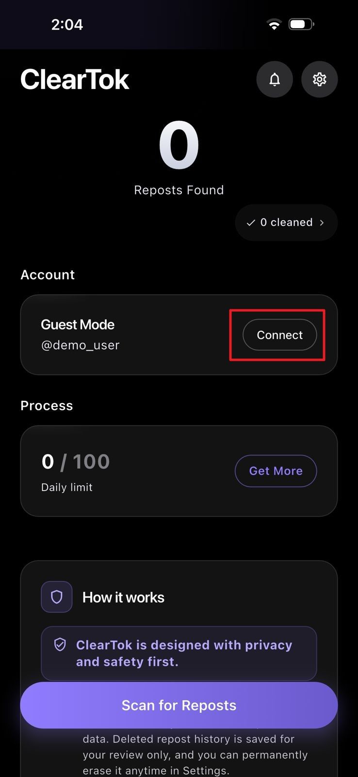 iPhone ClearTok account connect button