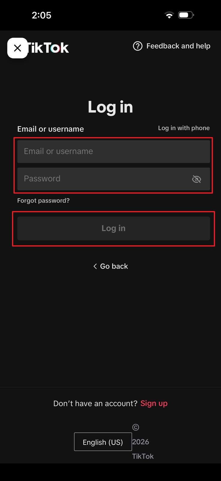 iPhone TikTok login form in the ClearTok connection flow