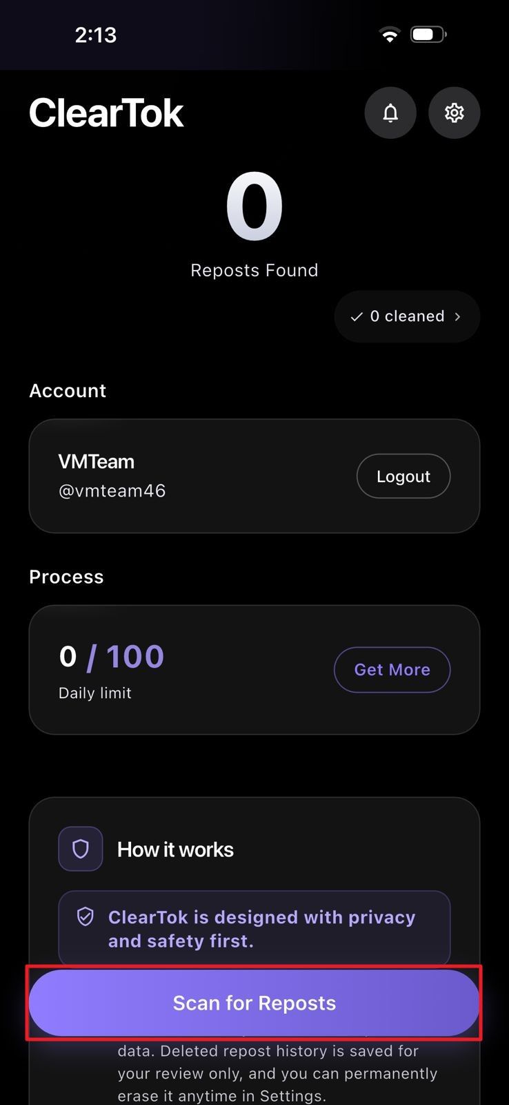 iPhone ClearTok scan action screen