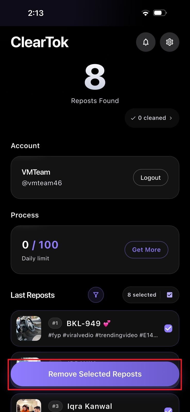 ClearTok mobile app workflow for scanning and removing TikTok reposts
