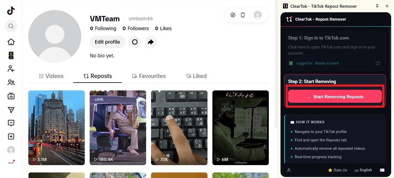 ClearTok desktop workflow showing TikTok repost cleanup in a browser extension