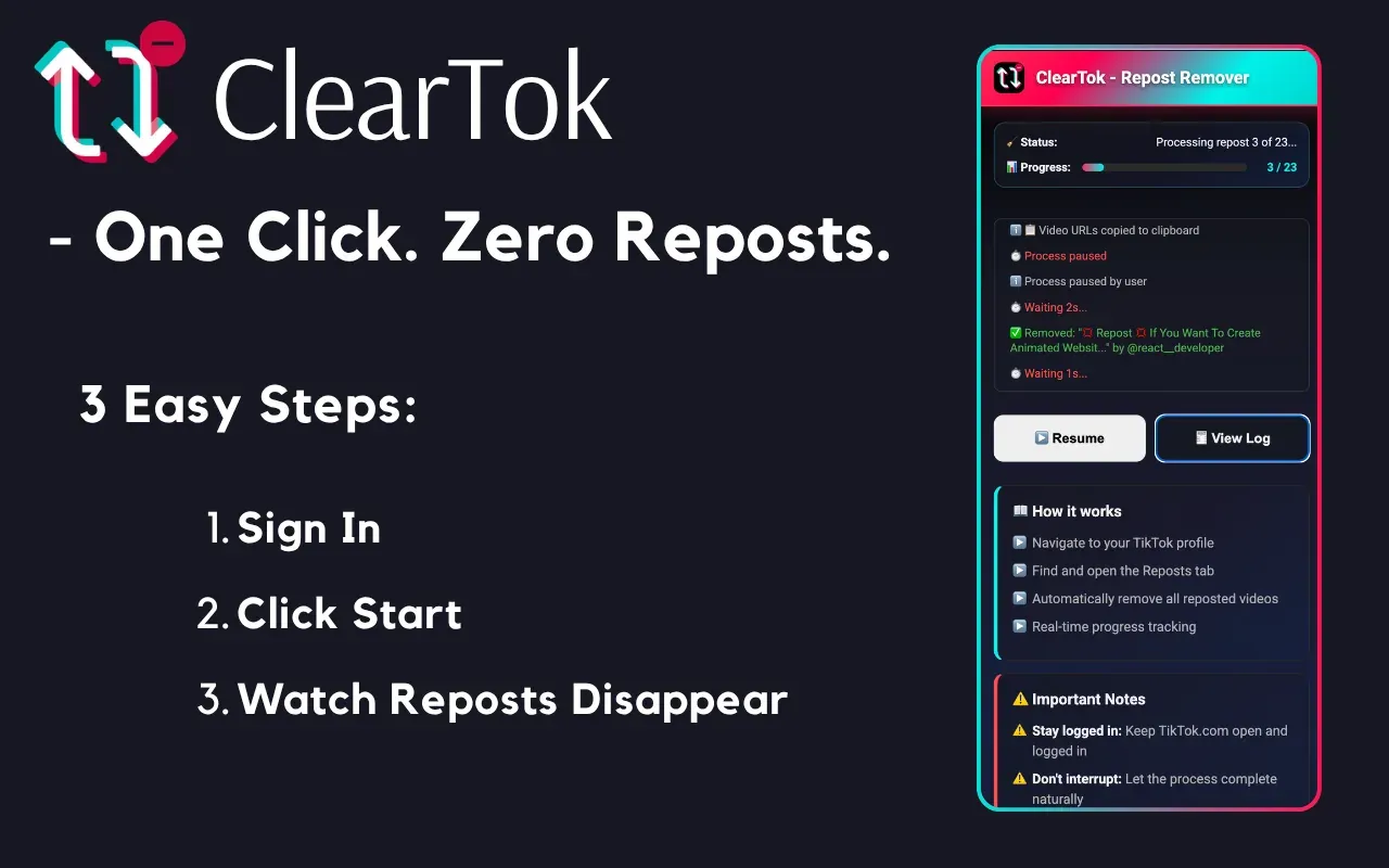 Screenshot of ClearTok's three-step TikTok cleanup flow: connect, start removal, and watch progress.
