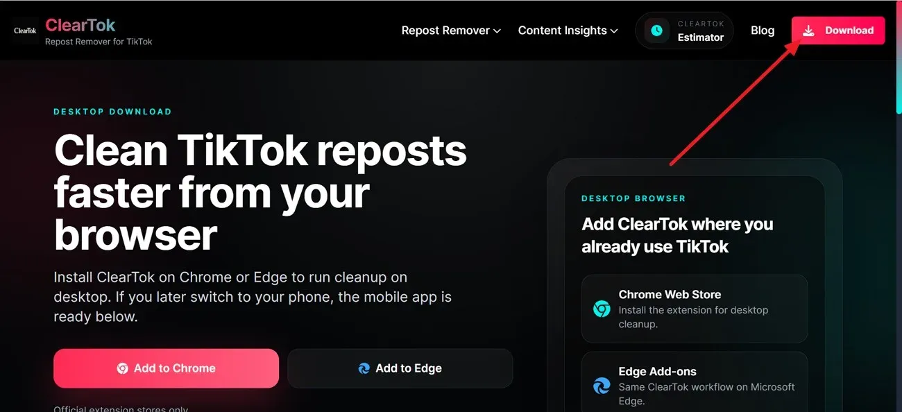 ClearTok download page open in Google Chrome with the Download button highlighted