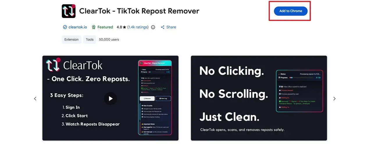ClearTok Repost Remover listing on the Chrome Web Store with the Add to Chrome button