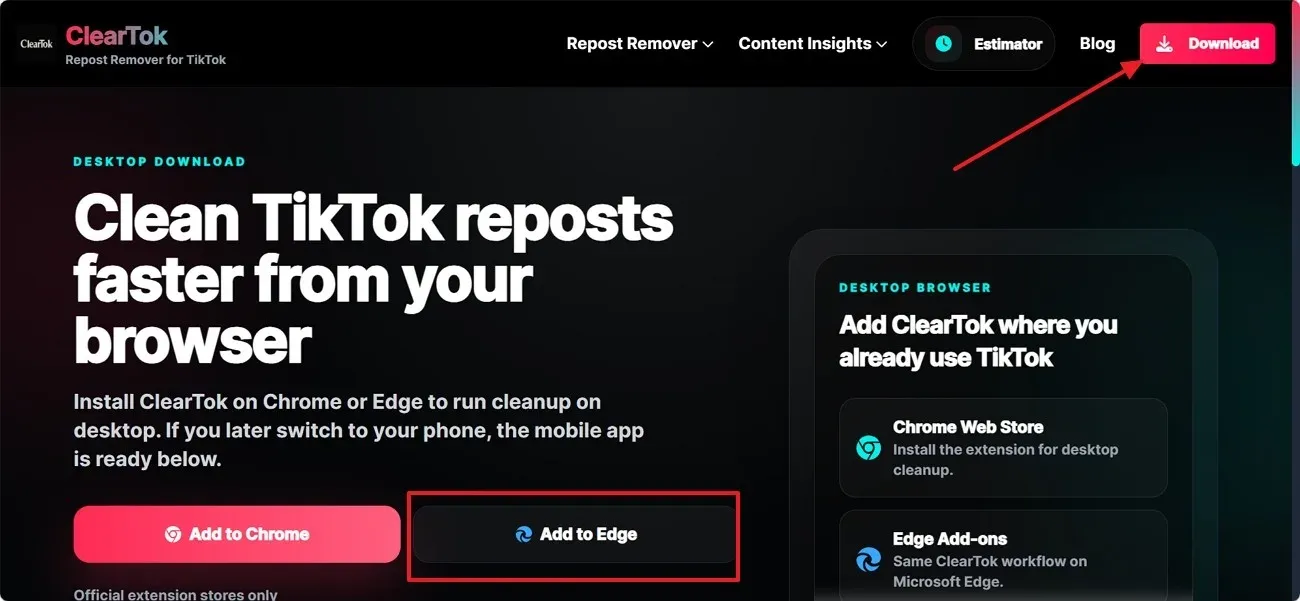 ClearTok download page in Microsoft Edge with the Add to Edge option