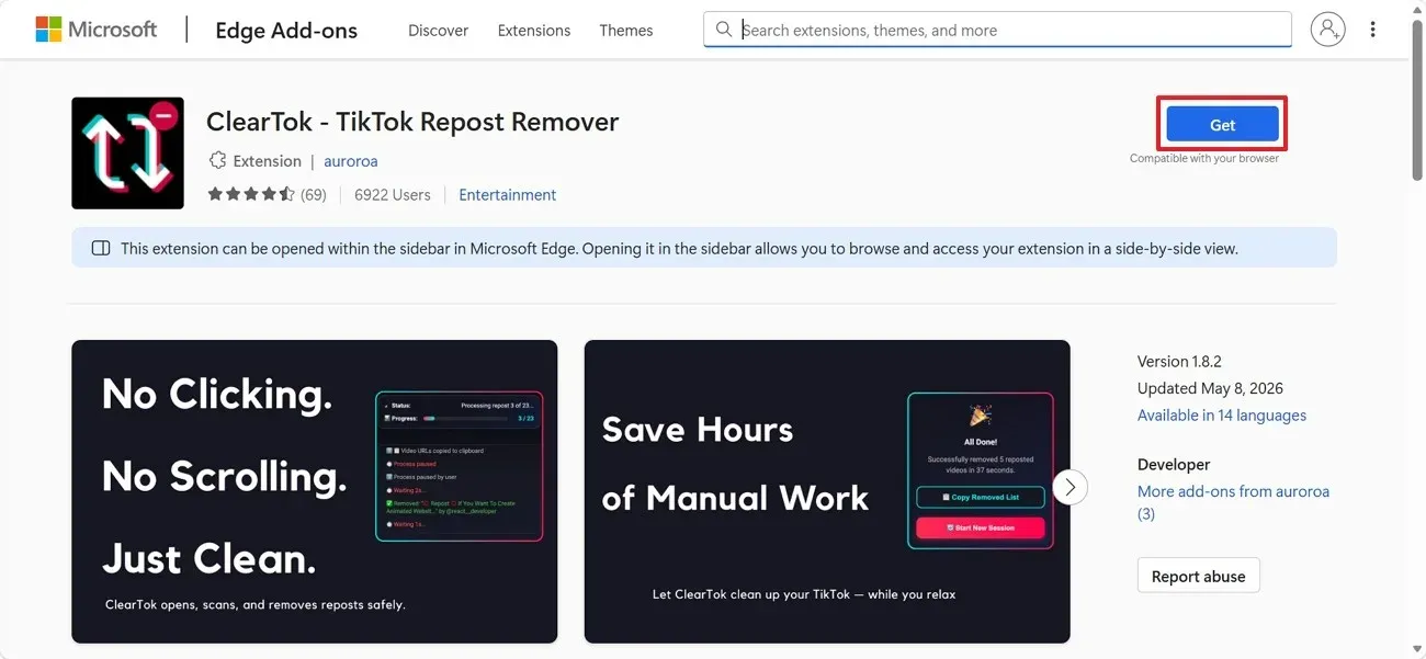 ClearTok listing on Microsoft Edge Add-ons with the Get button